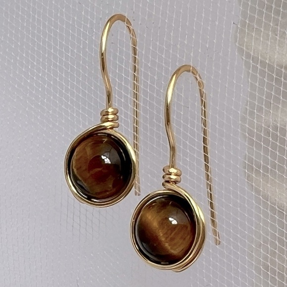 Tigers Eye Gold Wire Wrapped Minimalist Earrings - Picture 4 of 12